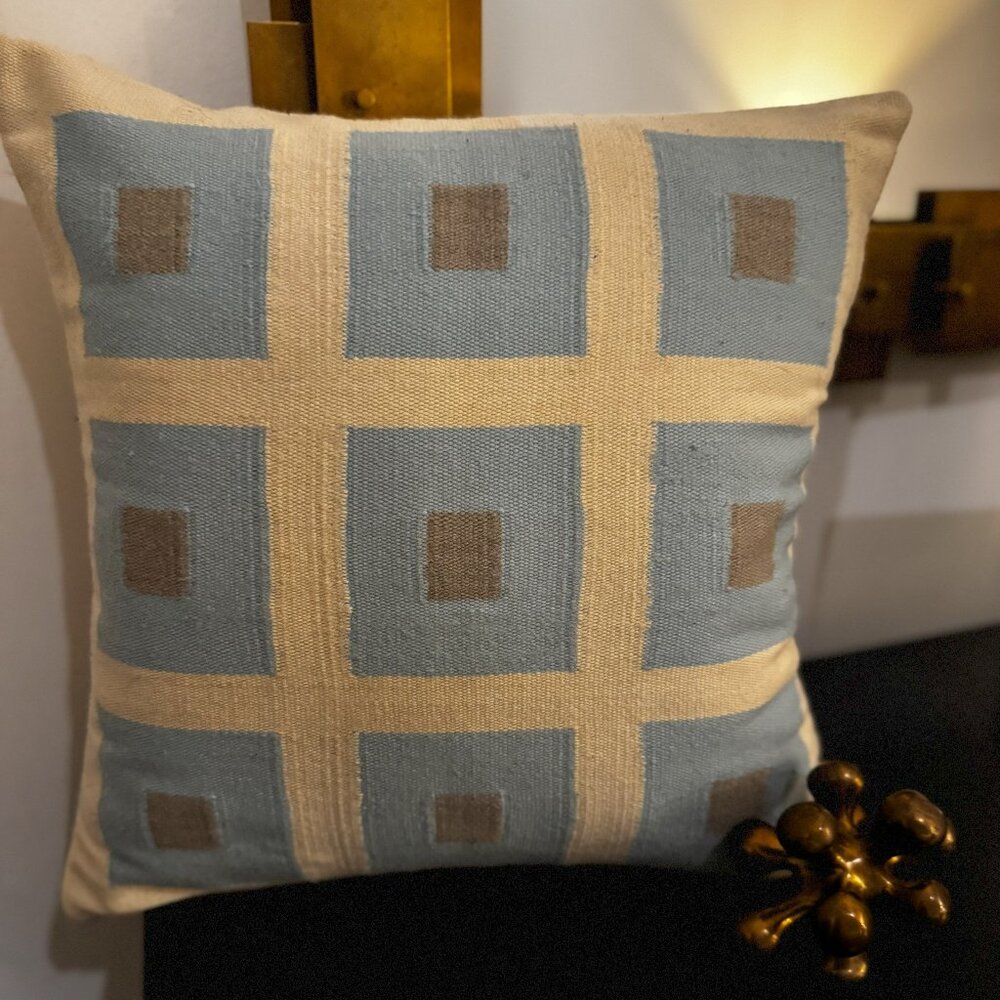 Vintage Jonathan Adler Gray | Blue Squares Natural Base Pillow